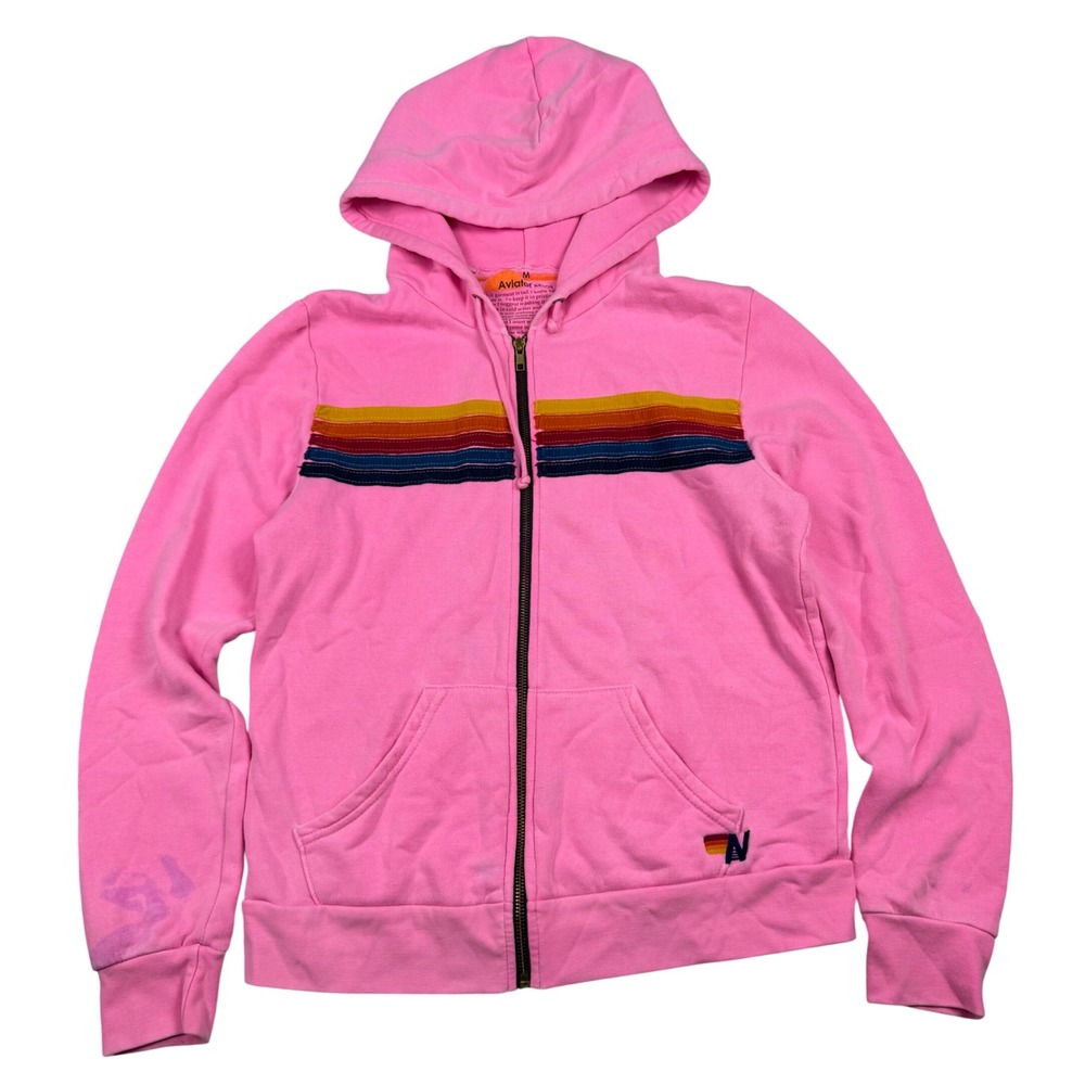 Aviator Nation Pink 5-Stripe Rainbow Zip Up Hoodie Sweatshirt Mens Medium